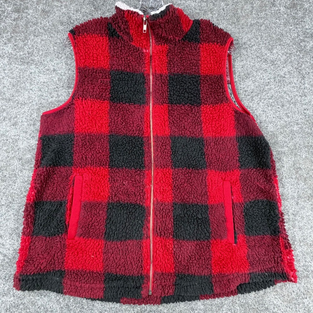 Warm Cozy Lifestyle Buffalo Check Plaid Sherpa
Fleece Full Zip Vest Red Black L